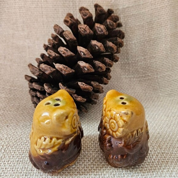 Vintage Two Toned Brown Ceramic Owl & Leaf Salt & Pepper Shakers - Picture 4 of 9
